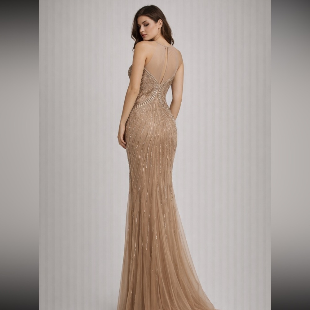Beaded Champagne Evening Gown - Women's Formal Dress - Picture 3 of 11